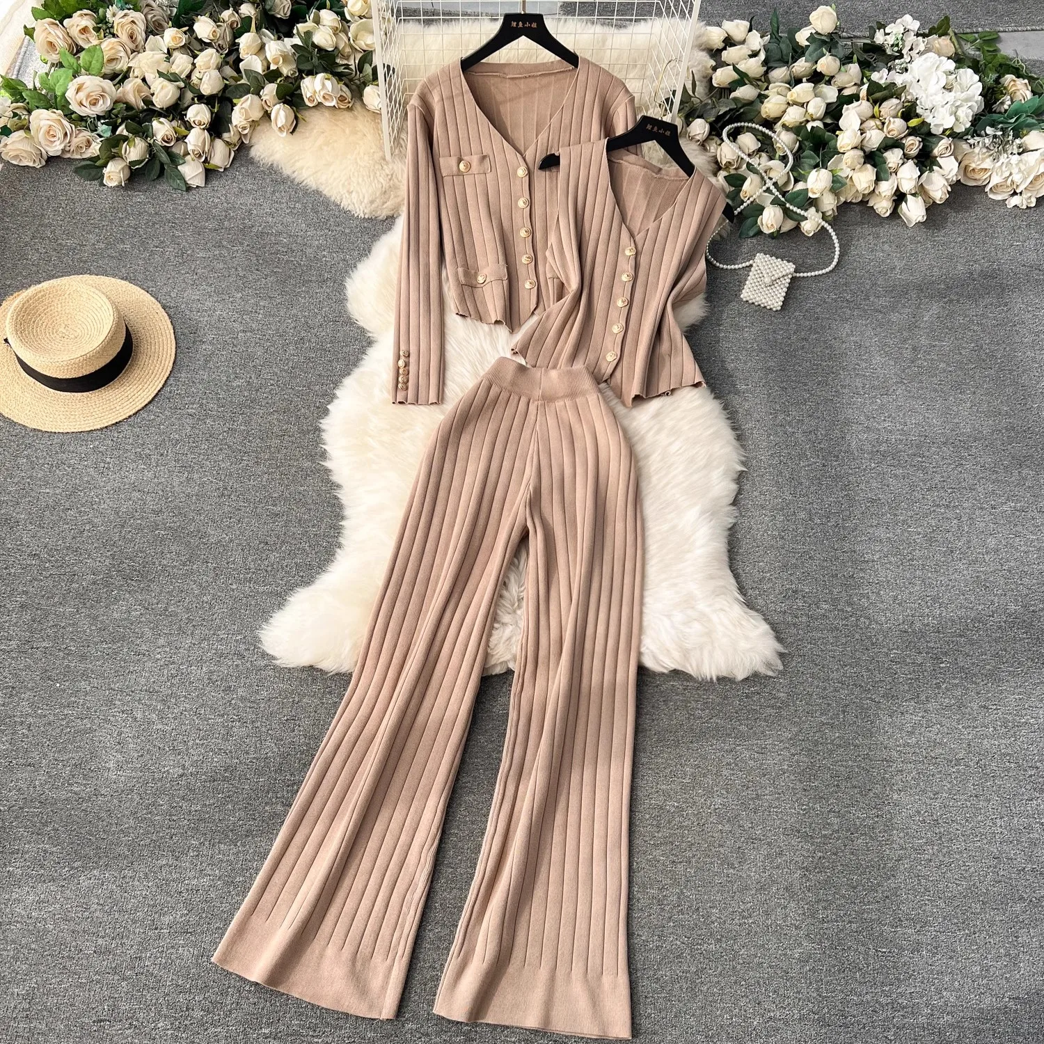 Stylish Slim Fit 3 Piece Pant Sets Women Knitted Cardigan + Vest + Wide Leg Pants Matching Sets Elegant Vintage Pant Suits 2024