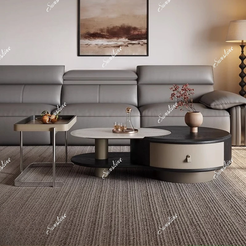 Italian minimalist microcrystalline stone coffee table home living room size saddle leather coffee table combination