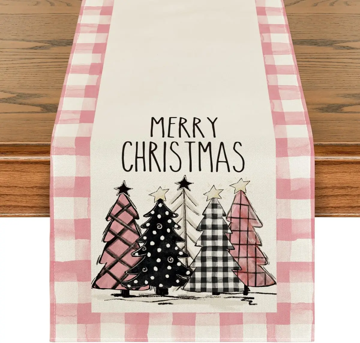 

Watercolor Pink Buffalo Plaid Christmas Trees Merry Xmas Table Runner, Seasonal Winter Holiday Kitchen Dining Table Decoration