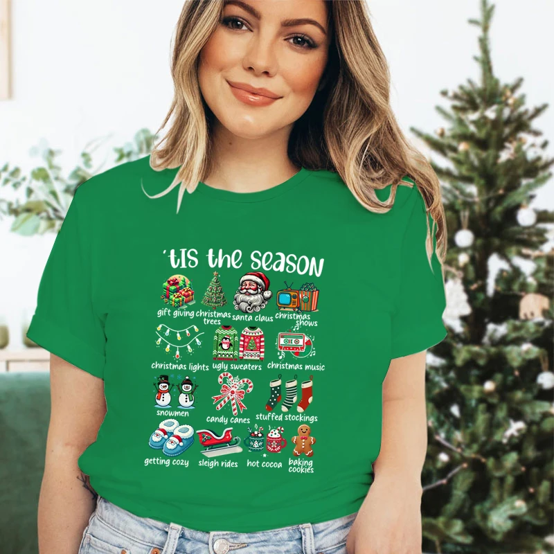 Retro Christmas Season Design T-Shirts Clothing Women Christmas Print Short Sleeve T-shirt Tops Oversized Tshirt Women Clothing