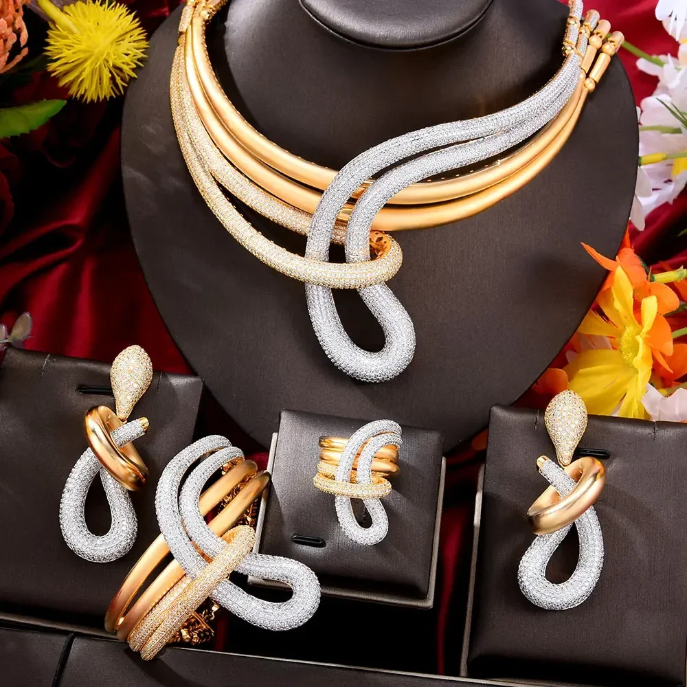 Soramoore Gorgeous Rotate Twisted Shape Necklace Bangle Earrings Ring Sets For Women Bridal Wedding Jewelry Sets High Quality