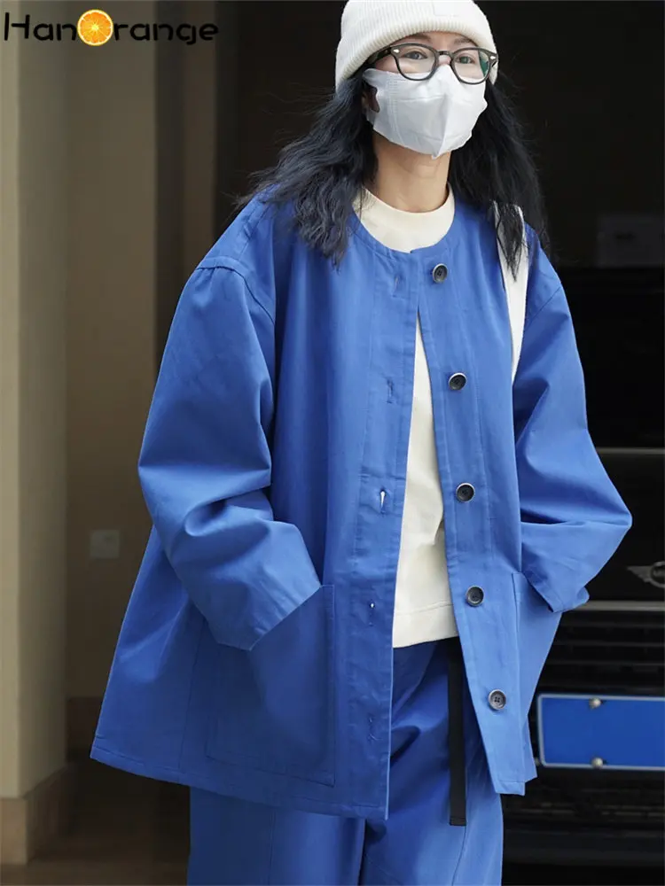 

HanOrange 2026 Spring Vintage O-neck Trench Coat Women Surper Light Weight Silhouette Simple Cargo Coat Female Off-white/Blue