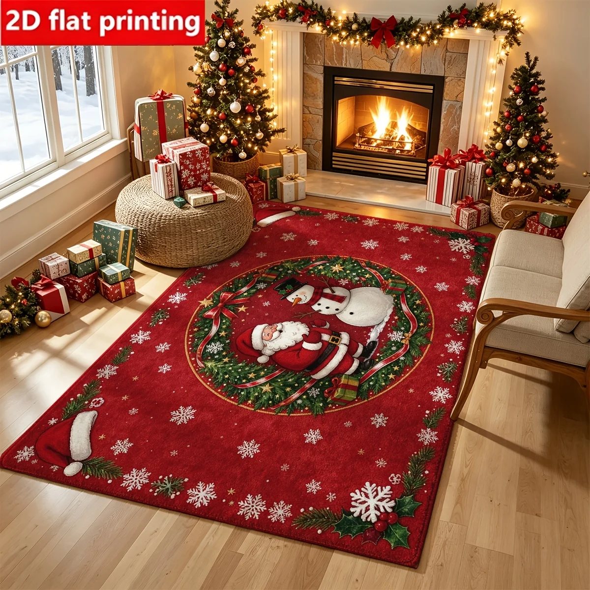 1pc 2D Flat Santa Claus Snowman Wreath Christmas Printed Floor Mat, Decorative Rug for Living Room, Bedroom, Home