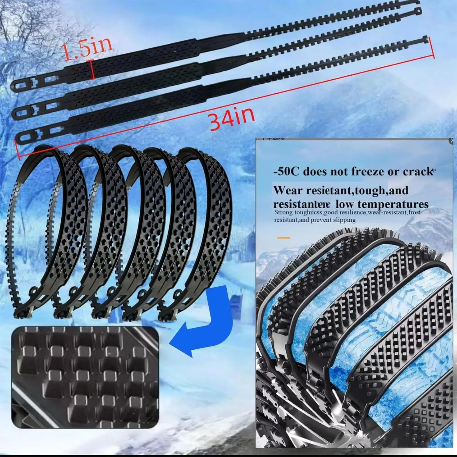 10pcs Snow Tire Straps Adjustable Anti-Skid Car Grips Tire Straps for Snow for Auto Automotive Van Vehicle RV Truck SUV