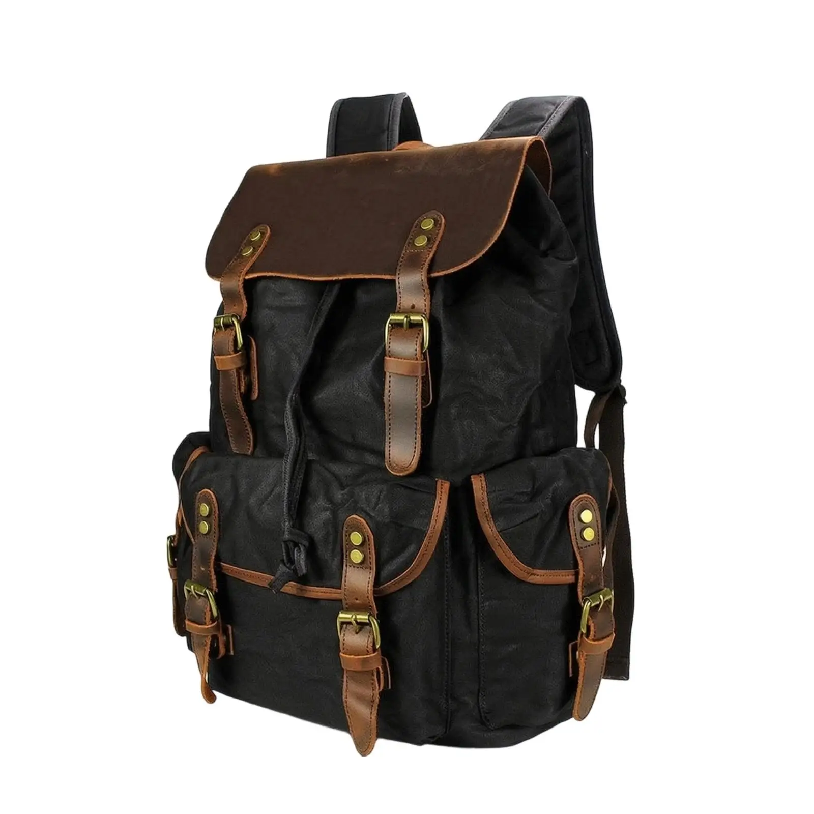 Canvas Travel Pack Durable Waxed Canvas Backpack Leather Strap Rucksack for School and Work