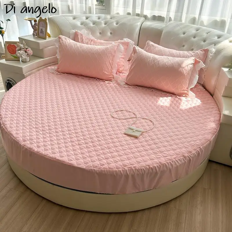 Pink Round Fitted Sheet Thick Cotton Quilting Romantic Round Bed Sheet Bedding Set Mattress Cover Family Home Themed Hotel #/