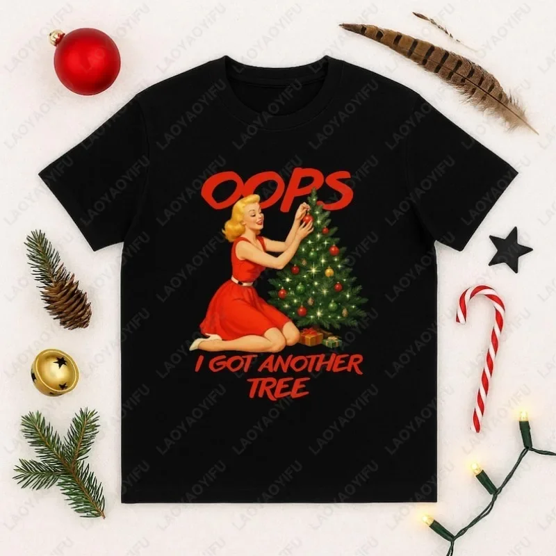 Oops I Got Another Tree T-Shirt Funny Christmas Graphic Tee for Women Vintage Christmas Shirt Holiday Graphic Tshirt Funny Tops