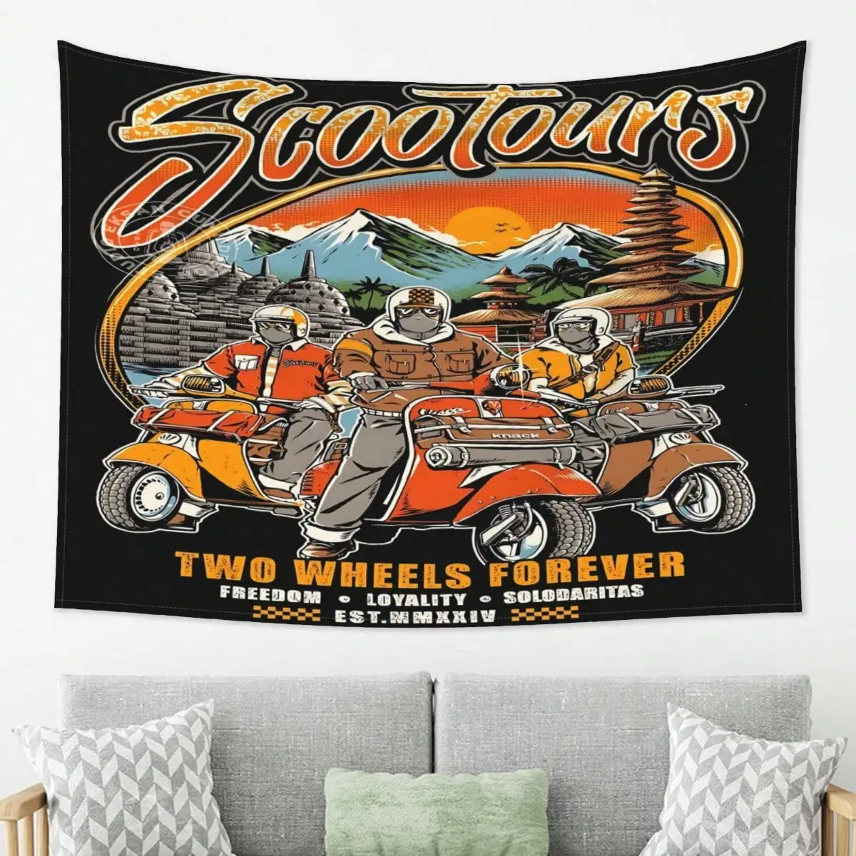 Vintage Scooter Wall Tapestry - Mod Culture Art, Retro Motorcycle Decor, Rock & Roll Style, Multiple Sizes