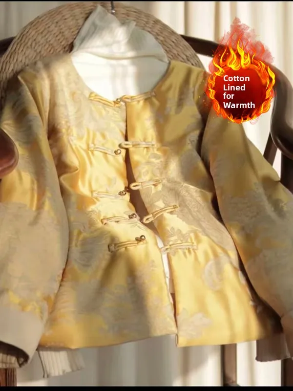 سترة قطنية مطرزة بالساتان على الطراز الصيني الجديد بأكمام طويلة وياقة مستديرة مع أزرار مزينة بالخرز، ملابس قطنية دافئة للشتاء #4