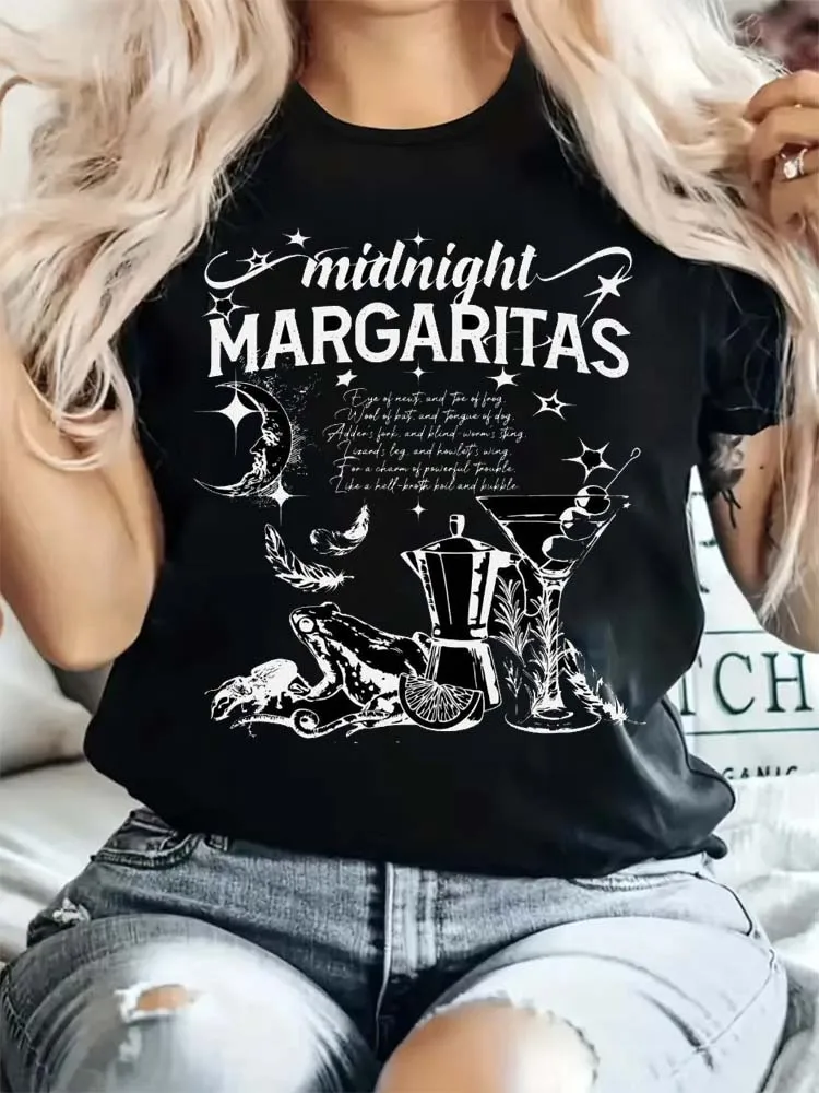 Midnight Margaritas Halloween Party Vintage Horror Cartoon Funny Women\'s T-Shirt Graphic Soft Summer Short Sleeve Halloween Styl
