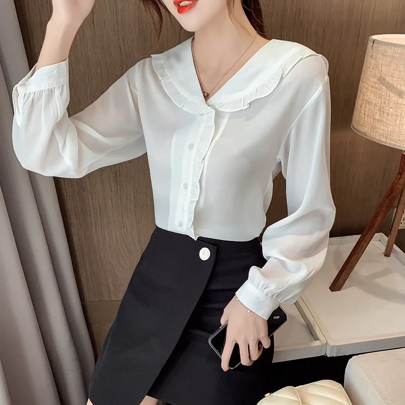 Long Sleeve White Women Shirt Doll Collar Chiffon Shirt Blouse Women Tops Blouses Shirts Blusas Para Mujer Camisas Blusa M183