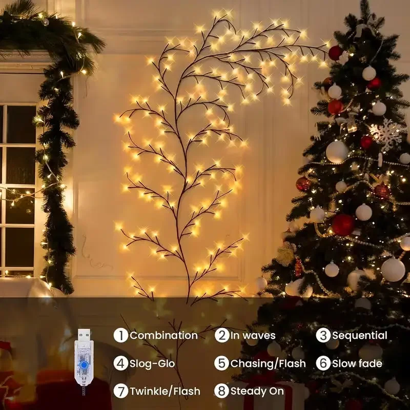 USB Vine String Lights 8 Modes Remote Control Waterproof LED Branch Fairy Lights DIY Tree Lamp Christmas Home Wall Decor