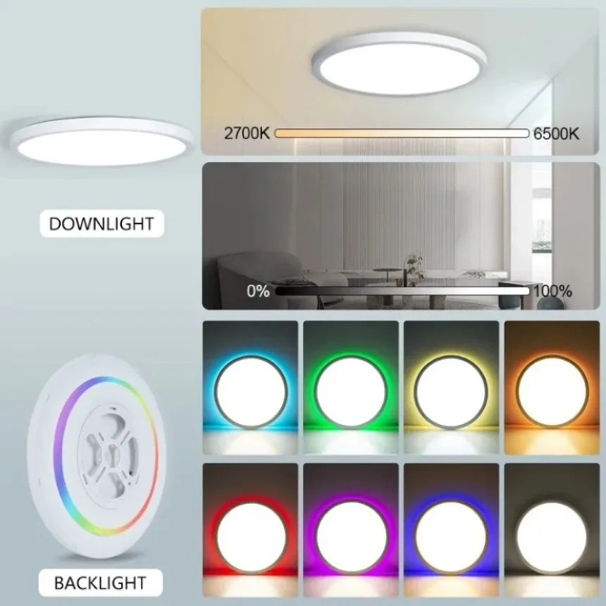 심플하고 창의적인 RGB LED 천장 조명, 리모컨 밝기 조절 홈 조명, 거실 침실 룸 장식 조명