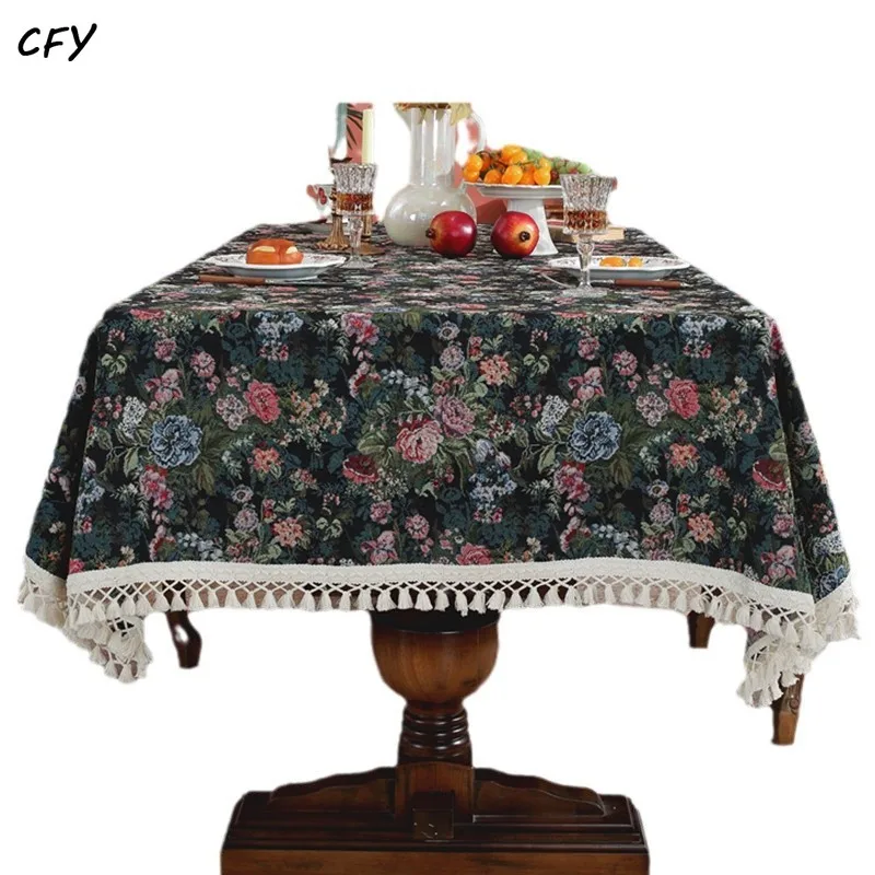 Cotton Linen Vintage Green Background Rose Colored Ink Painting Rectangular TableCloth Kitchen Table Map Thick Tassel Tablecloth