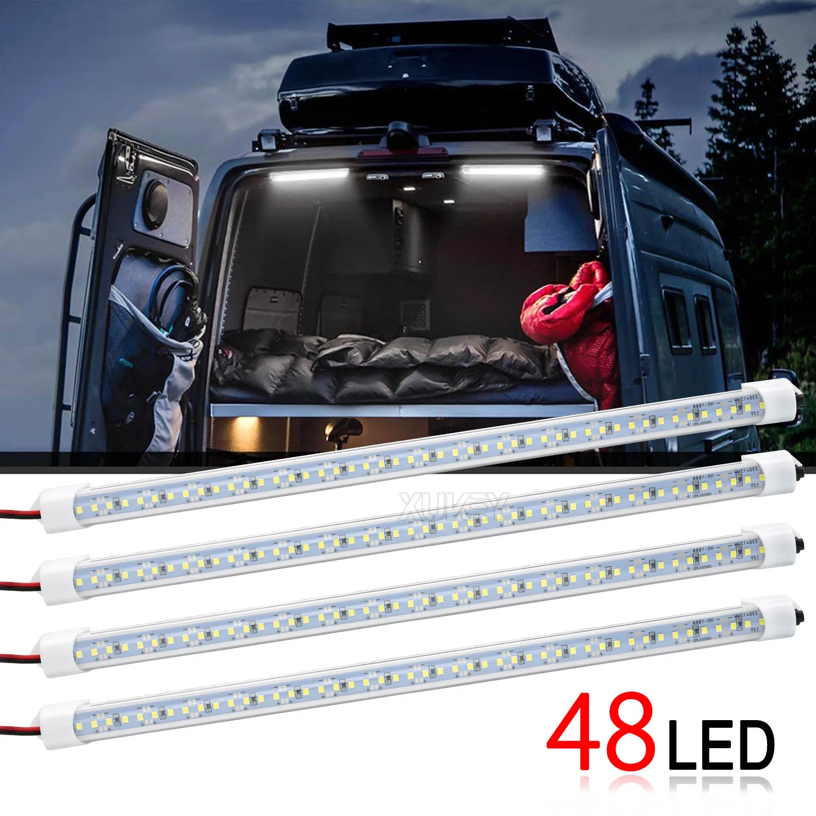 4Pcs 12V Interior LED Light Bar Strip Lamp With Switch For Car Trailer Truck Bed Van RV Cargo Boat Cabinet Caravan Camper Lorry