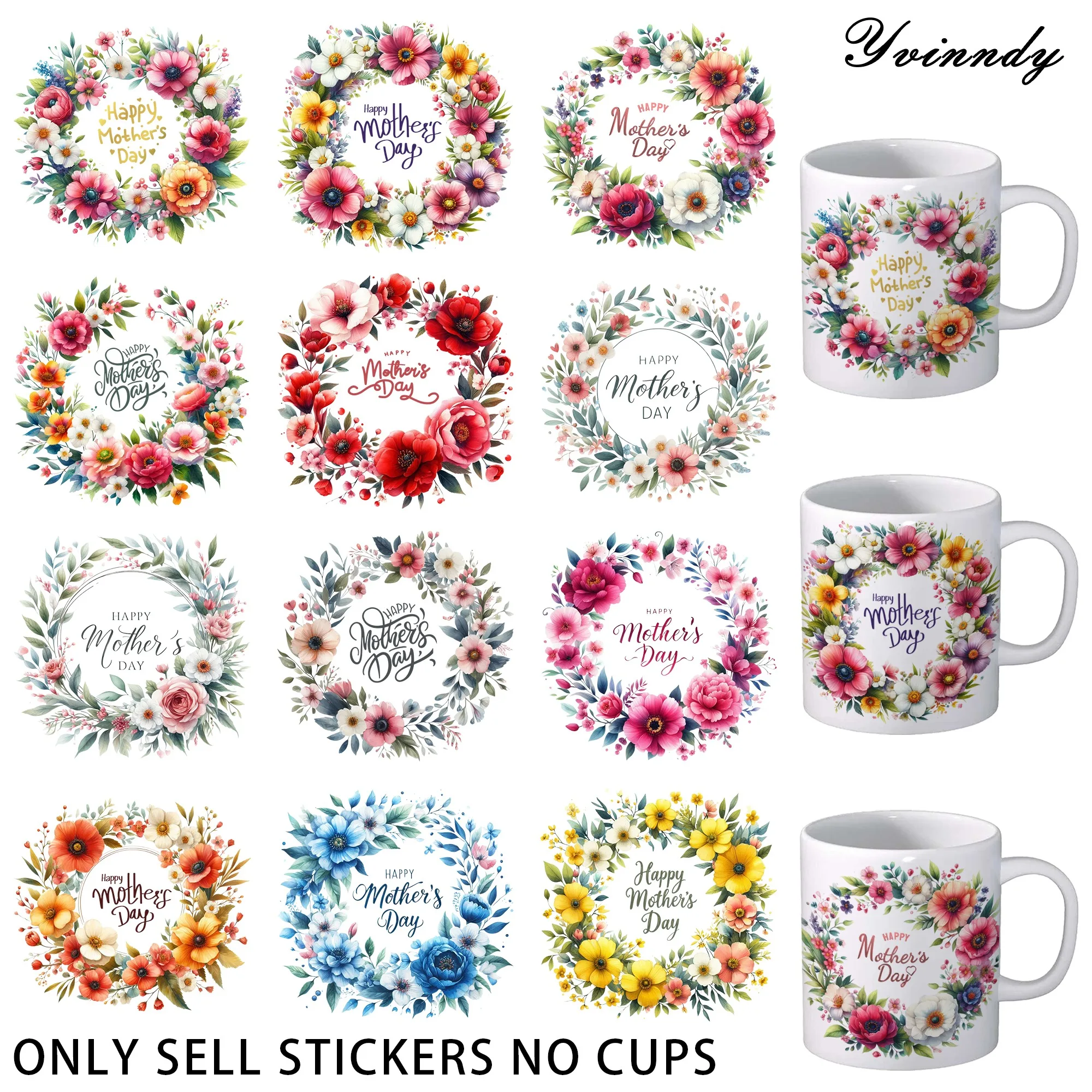 12 Stück Happy Mother's Day Bouquet UV DTF Aufkleber - Wasserfestes UV DTF Transferpapier für Kunst und Handwerk, DIY-Dekoration