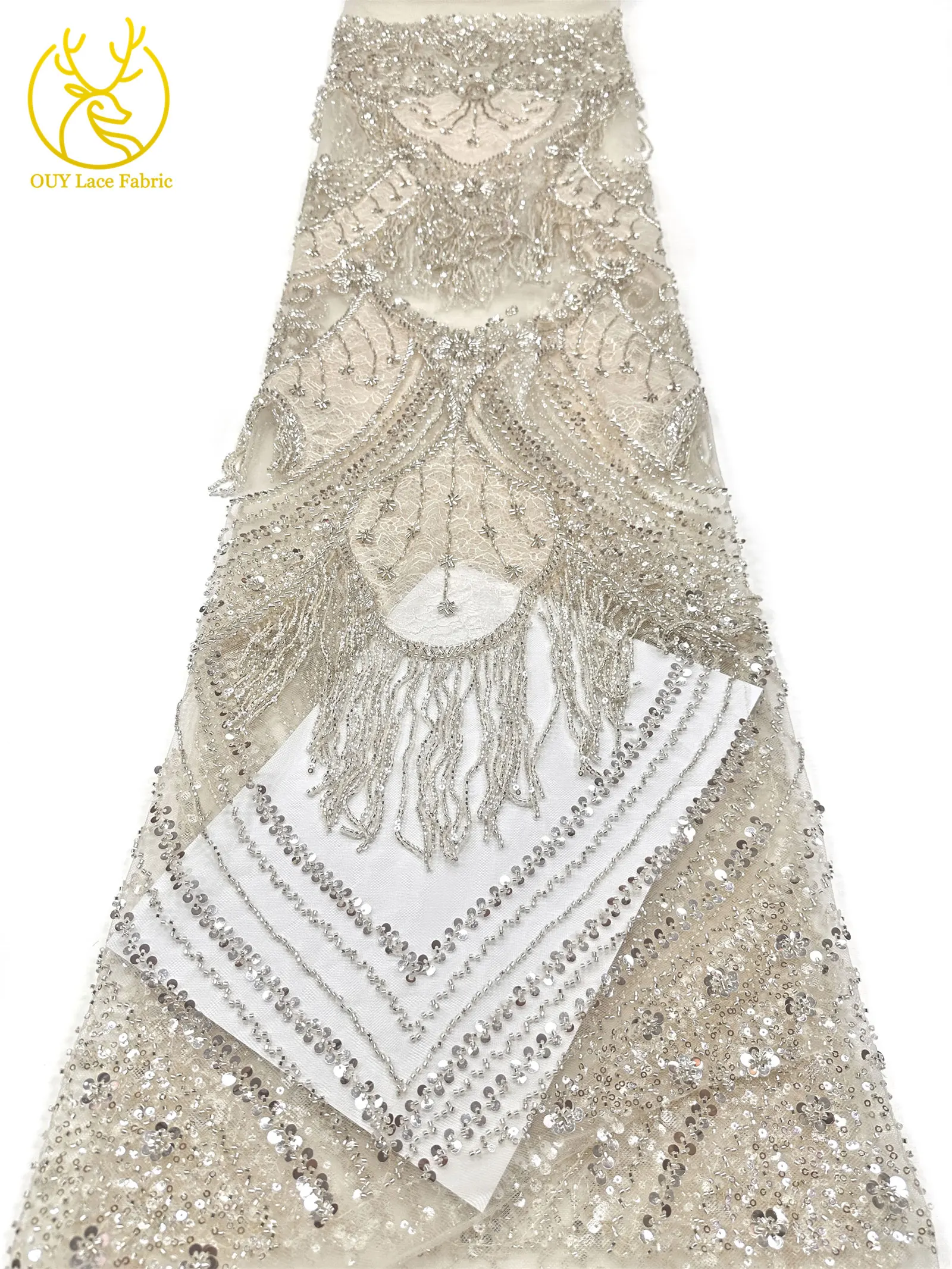 Neues Design 3D Laser Quasten-Perlen-Spitzenstoff Luxuriöser Hochwertiger Afrikanischer Pailletten-Spitzenstoff für Damen-Abendkleider zum Nähen – Detail 14