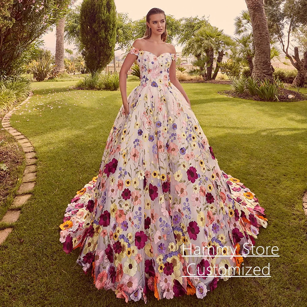 

Colorful Flower Wedding Dress Off The Shoulder Sweetheart Customized Embroidery Lace Ball Gown Bridal Dresses Sweep Train