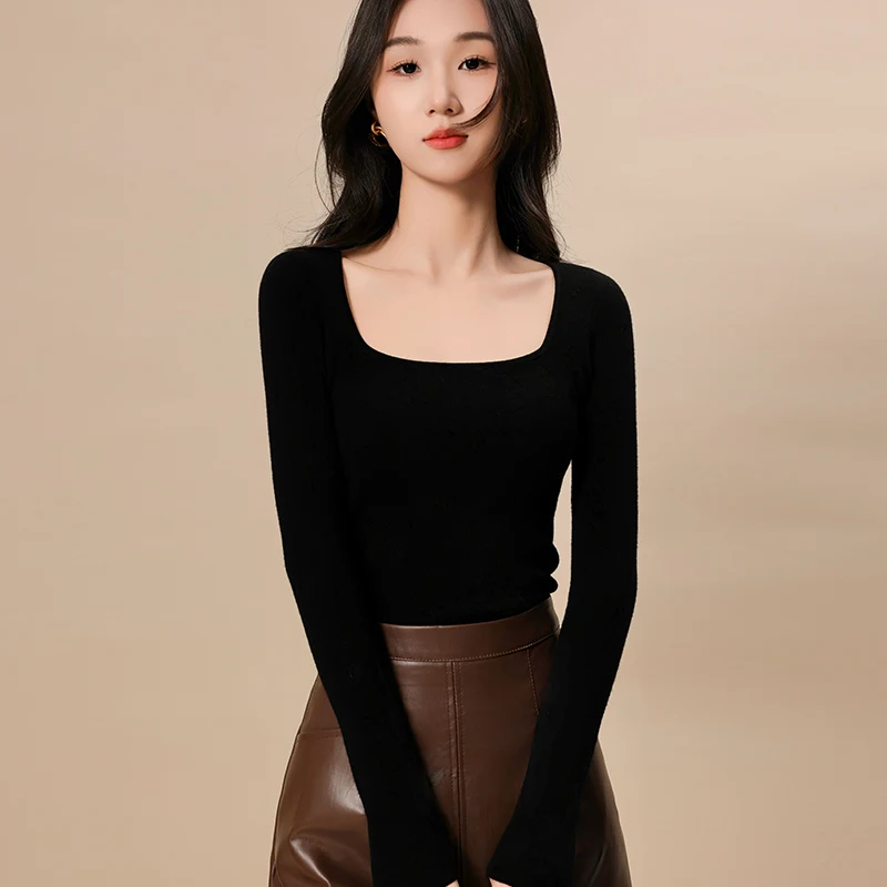 Seamless 100% Ultra-Fine Wool Sweater Autumn And Winter Thin Long-Sleeve Base Shirt For Women U-Neck Knitted Sweater