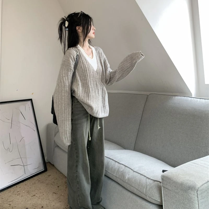 Pullovers Women Gentle V-neck Korean Irregular Buttons  Design Baggy Ulzzang Vibe Leisure Chic Sweet Autumn Knitting OOTD