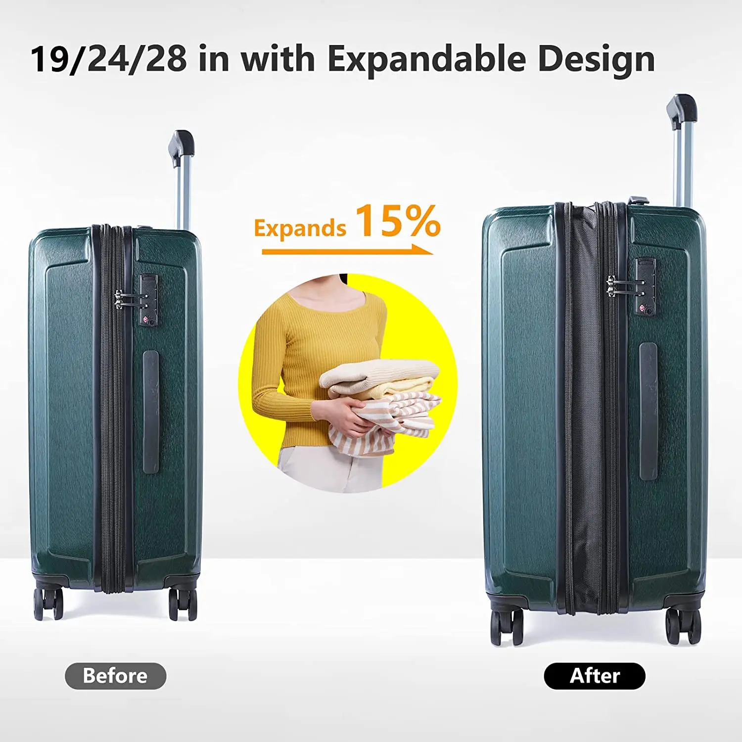 Ensemble de bagages avec poche avant extensible pour ordinateur portable, roues tournantes légères, coque rigide, serrure TSA, fermeture éclair YKK, vert, ABS et PC, 2 pièces, 20/24