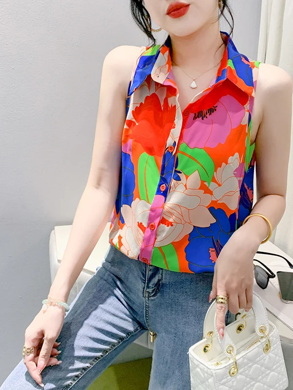Coleção Verão 2025: Nova Blusa Feminina Casual com Estampa Floral, Proteção UV e Gola, em Fibra de Poliéster, Caimento Solto