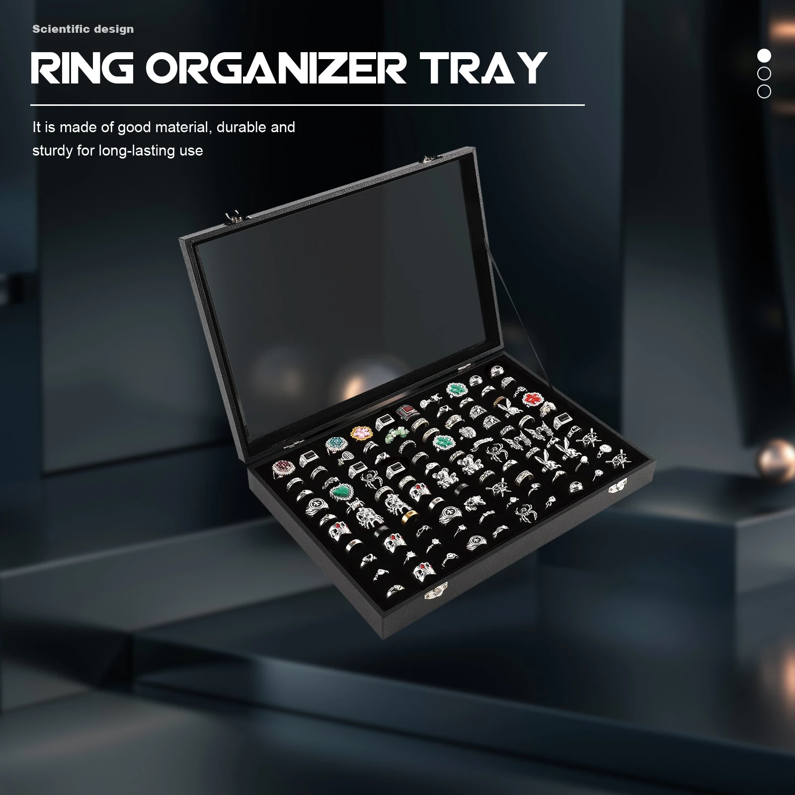 

100 slot Ring Storage ganizer Display Case Glass Lid for Multiple Rings Jewelry Box Polyester Black 100 Pieces