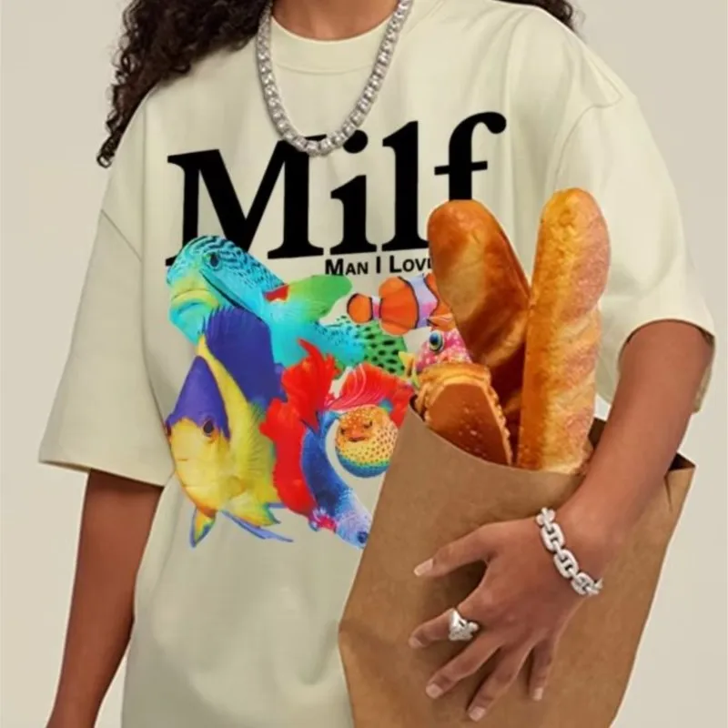

Unisex Washed T-Shirt Loose Round Neck Koi Letter Printing High Quality Pure Cotton Tee Blouse Fashion Men Short Sleeves Shirts