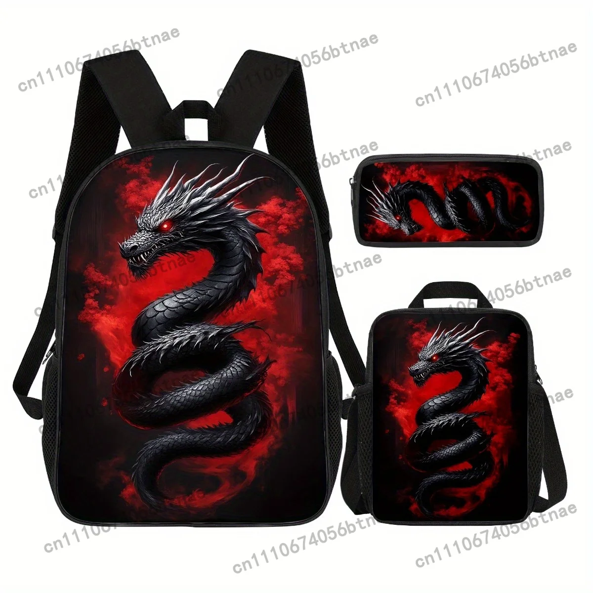 Black Dragon Themed Backpack Set 3pcs, Full Bundle Includes Durable Large-Capacity Bookpack & Insulated LunchBox & Versatile Org view 2