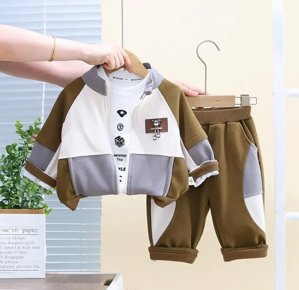 Spring Autumn Baby Kids Clothes 6 To 12 Months Patchwork Bear Zipper Jakcets+Cartoon T-shirts+Pants 3Pcs Sets Boys Tracksuits