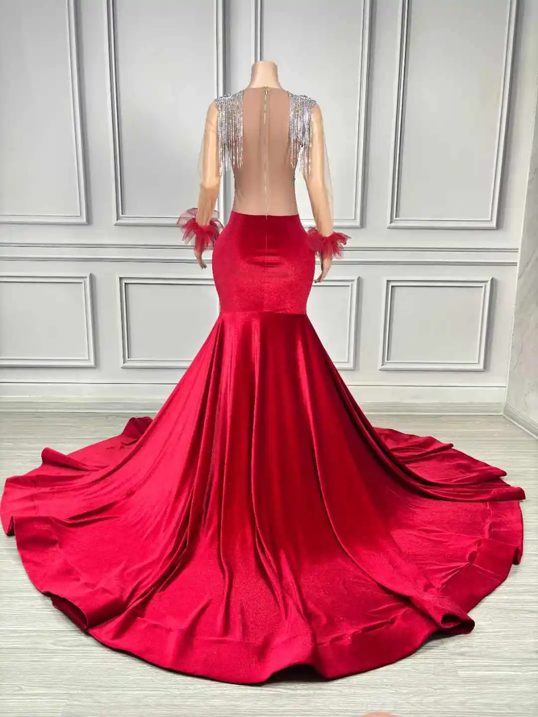 Luxury Mesh Sheer Rhinestone Floor Length Long Dress Mermaid Wine Red Stage Wear Women Birthday Wedding Queen Dressy Prom Outfit