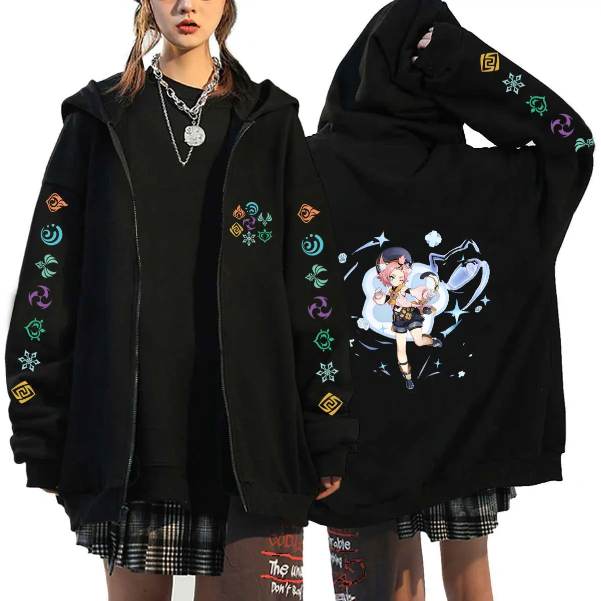 Genshin-Sudadera con capucha y cremallera para hombre y mujer, prenda de vestir Unisex de estilo Hip Hop con estampado de dibujos animados Genshin Xiao Mask Kaedehara Kazuha Hu Tao