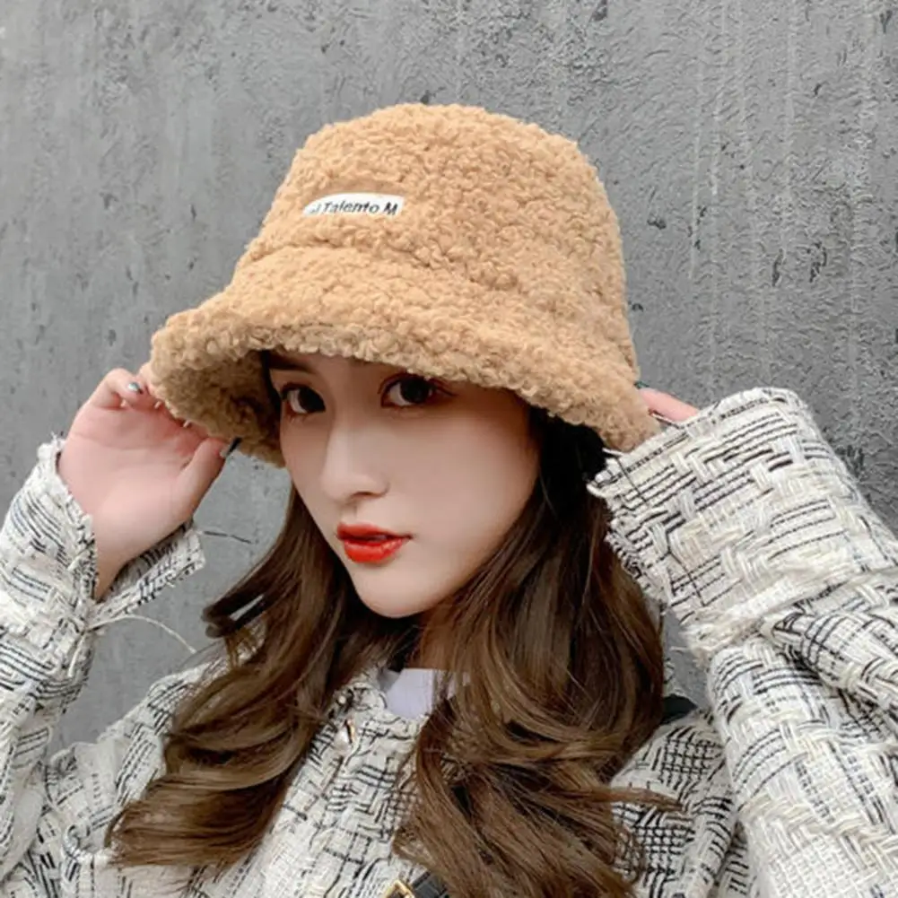 Winter Women Fisherman Hat Solid Color Faux Lamb Fur Bucket Hat Keep Warm Thick Fleece Short Brim Lady Cap For Outdoor