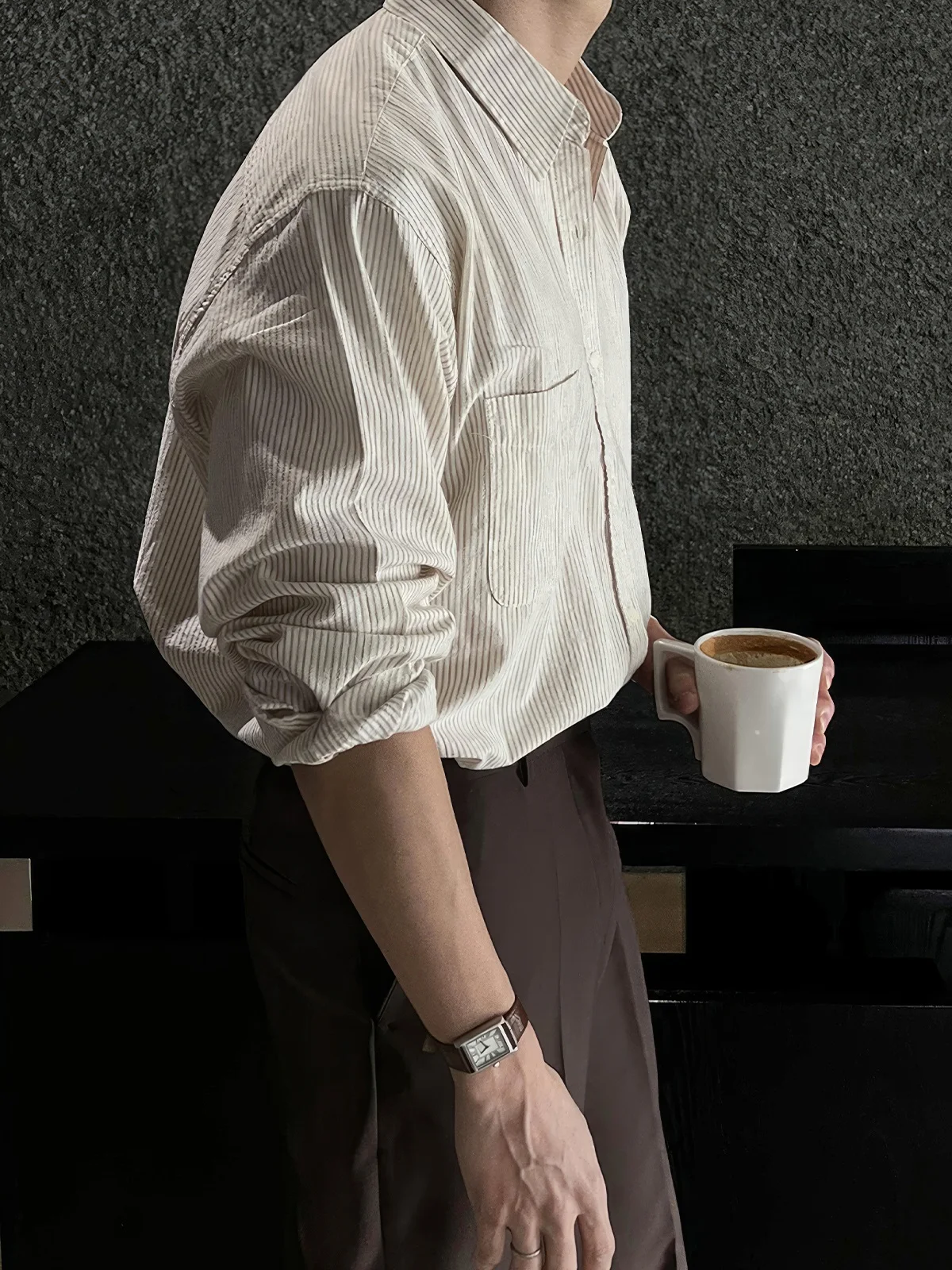 

Khaki Striped Long Sleeve Casual Shirt Men's Spring Autumn High Quality Maturity Style Business Casual Collar Polyester Fiber