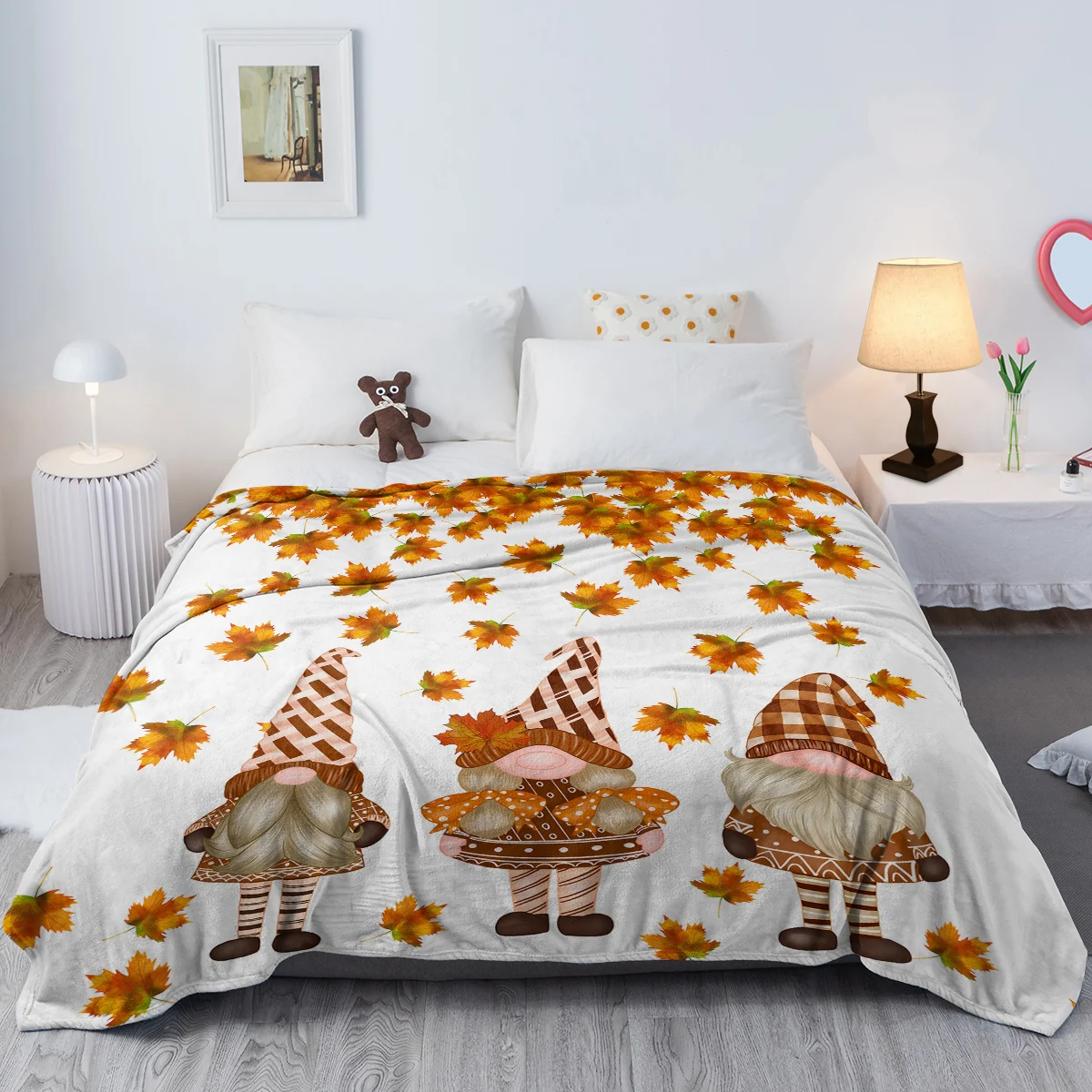 Three Dwarfs Yellow Leaves Print Blanket Autumn Theme Warm Cozy Soft Throw Blanket for All Season for Couch Sofa Bed