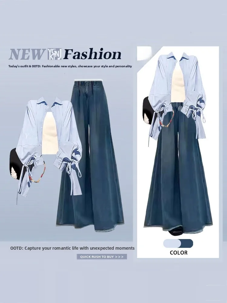 Spring Blue Long Sleeve Shirt Women's High Waist Jeans Belted High Fashion Ageless Styling Three Piece Set Ladies Fashion view 4