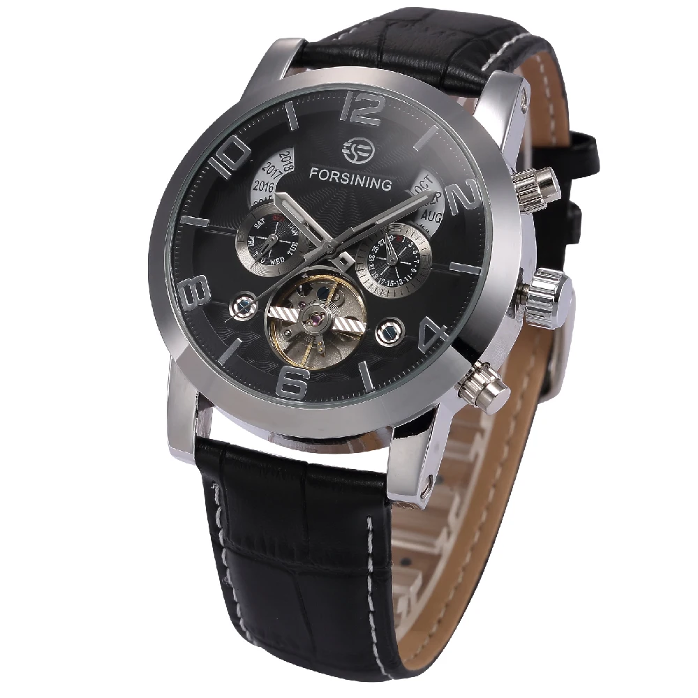FORSINING Men\'s Watch Automatic Mechanical Date Day Full Calendar Tourbillon Skeleton Luminous Male Business Leather Wristwatch