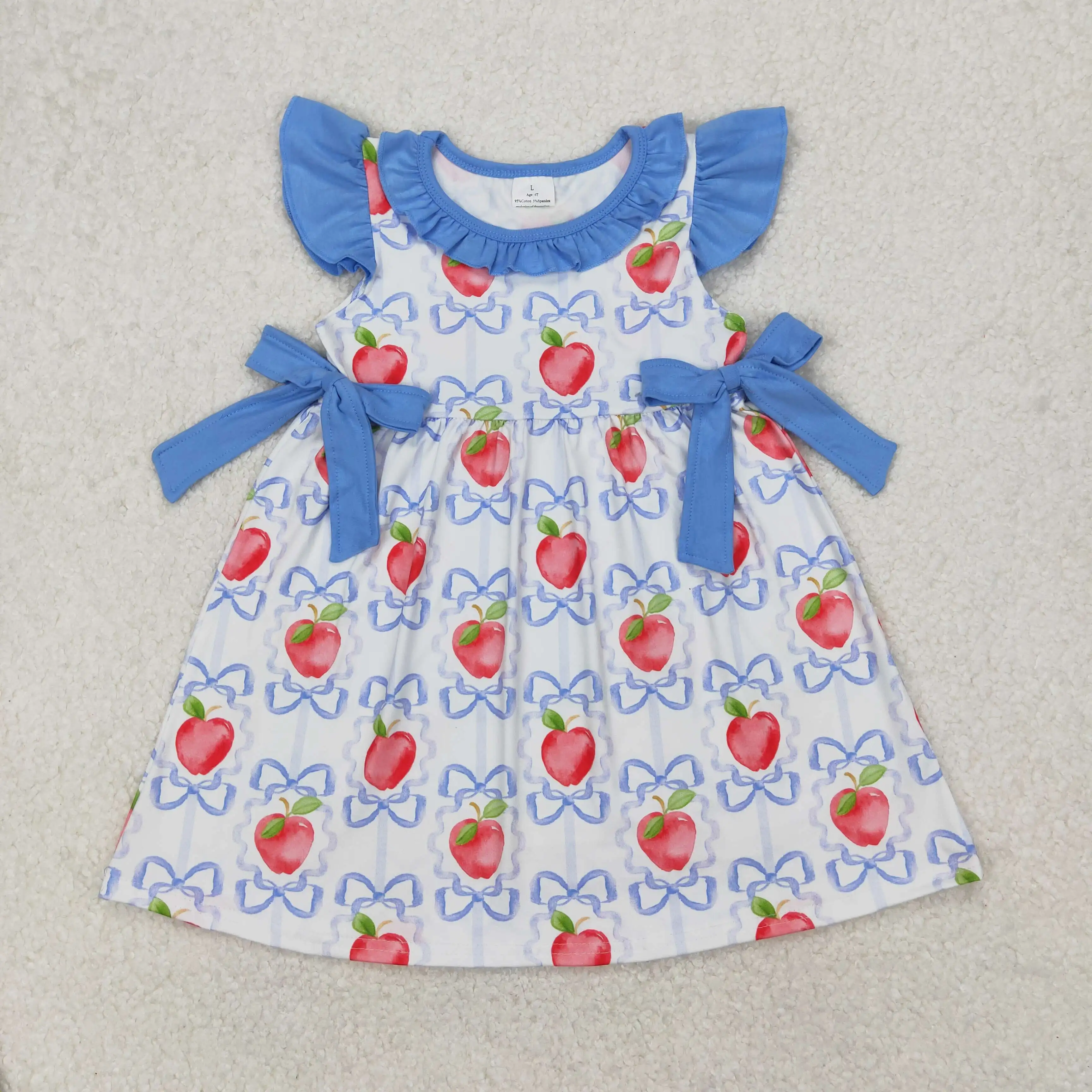 

3.17y New stock baby girls summer dress wholesale boutique apple blue bow pattern lace flying sleeve dress