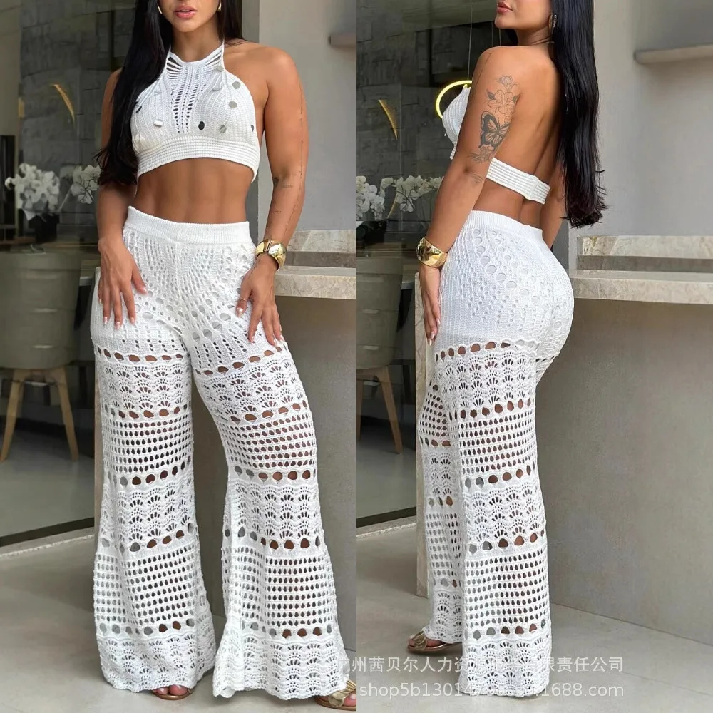 바지 세트 여성 두 조각 세트 등받이 매칭 세트 짧은 탑 비치 니트 속이 빈 넓은 다리 긴 바지 높은 허리 여름