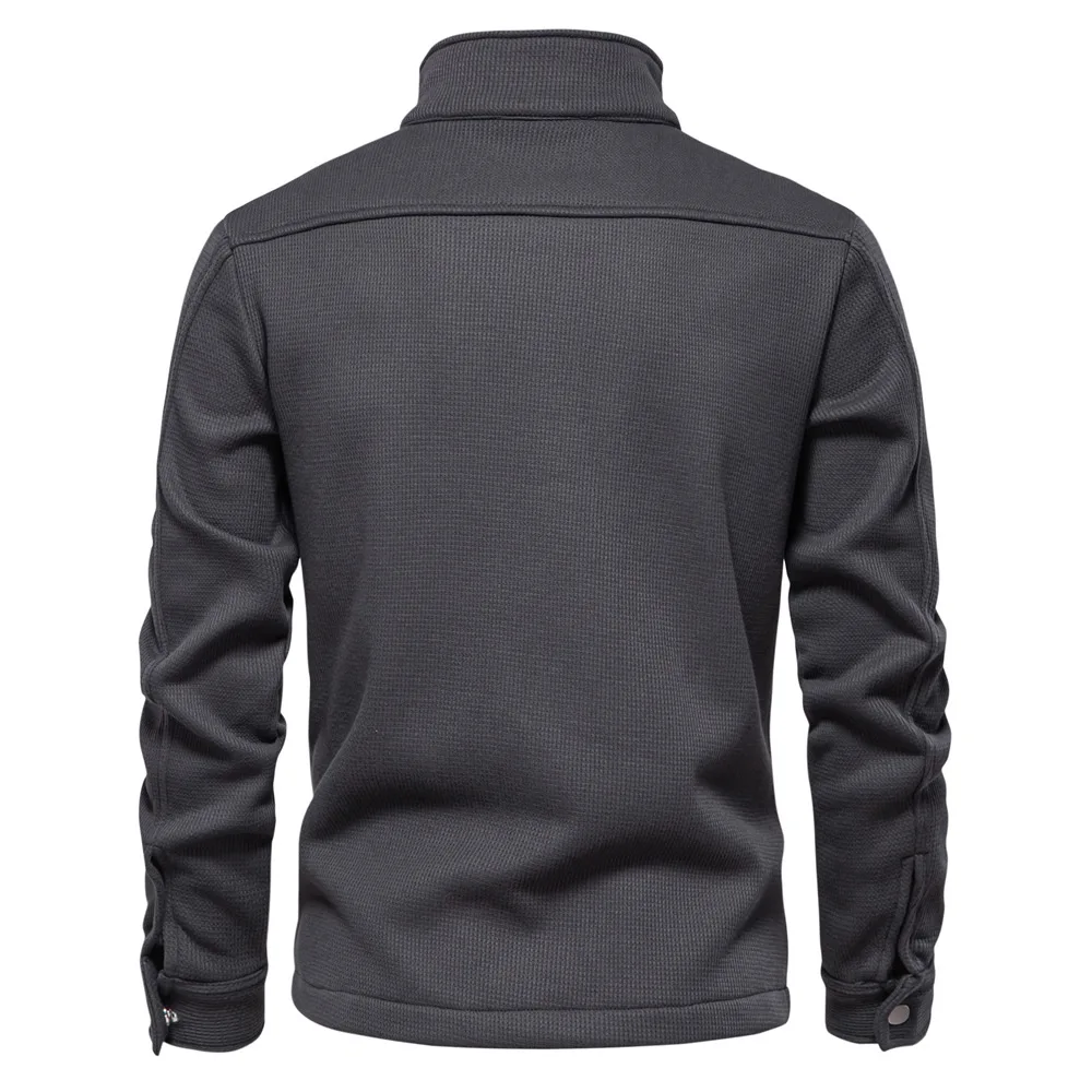 Autumn Winter Fleece Waffle Lapel Zip-Up Jacket Men's Pocket Casual Outerwear