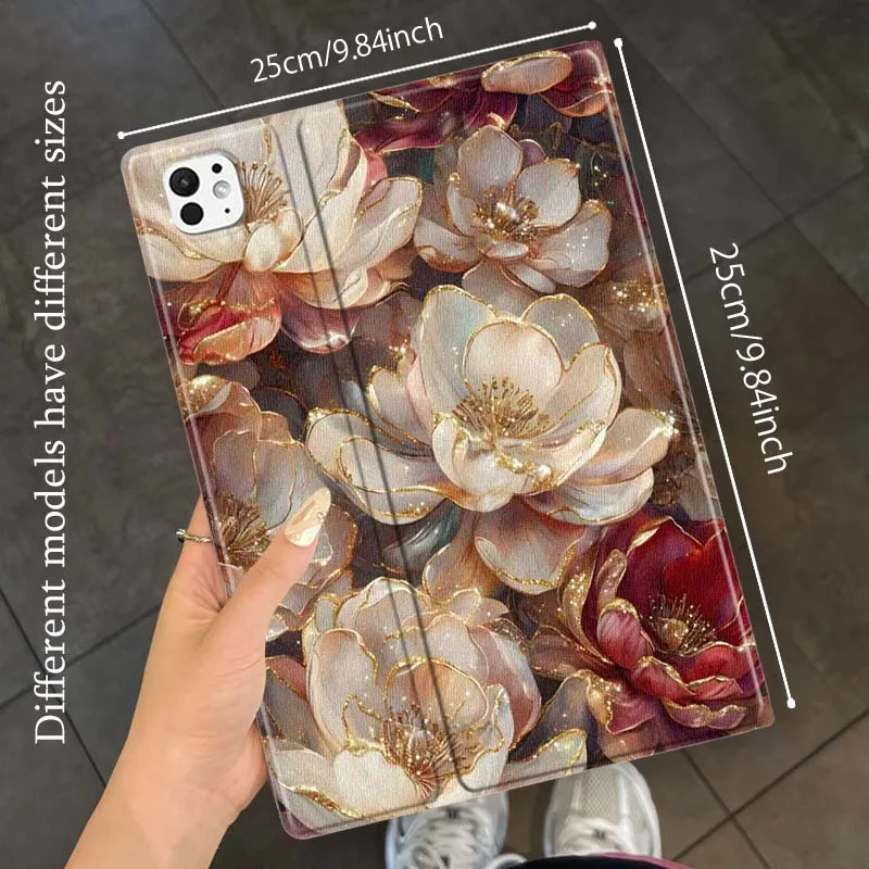Golden Beige Red Flowers For Apple iPad Pro Mini A16 A17 A14 4 5 6 7 6th 7th Gen 9.7 12.9 11 13 M4 inch Tablet Case Soft