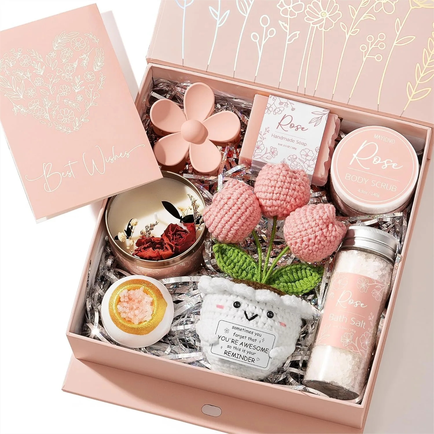 Rose Spa Gifts for Women Bath Gift Set, Relaxing Self Care Kit Birthday Mothers Day Easter Thank You Gifts for Her Mom Sister
