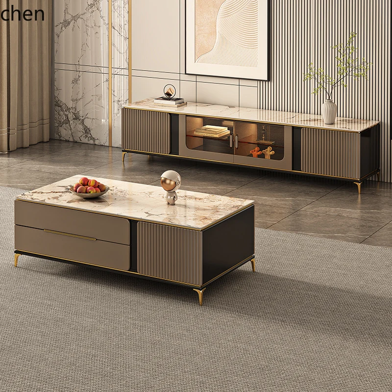 HT Coffee Table TV Cabinet Set Home High-End Modern Living Room New Rock Slab Coffee Table Floor Cabinet