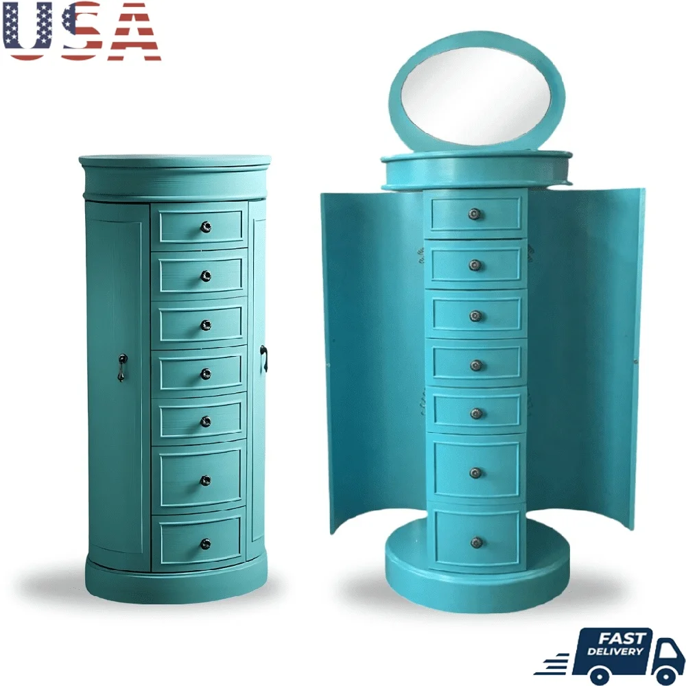Vintage Style Jewelry Armoire Oval Free Standing Organizer with 7 Drawers Mirror Necklace Hooks Anti-Tarnish Storage Turquoise