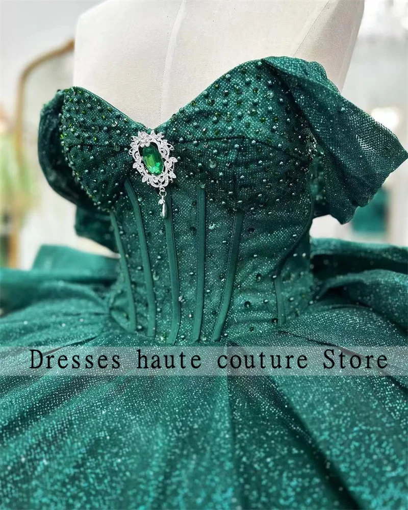 Vestido de fiesta con volantes y hombros descubiertos, color verde esmeralda, vestidos de quinceañera con purpurina y lazo de cristal, dulce 16 personalizado, 2025