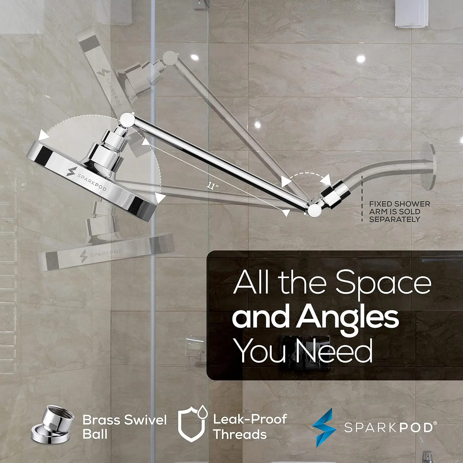 رأس دش مطري عالي الضغط قابل للتعديل مع ذراع تمديد - سهل التركيب، لمسة نهائية فاخرة من الكروم