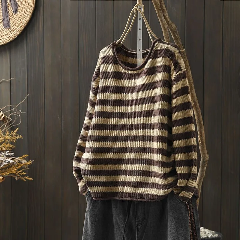 Korean Style Contrasting Color Stripes Ulzzang Loose 2024 Autumn New Versatile Knitted Women\'s Casual Pullovers Top