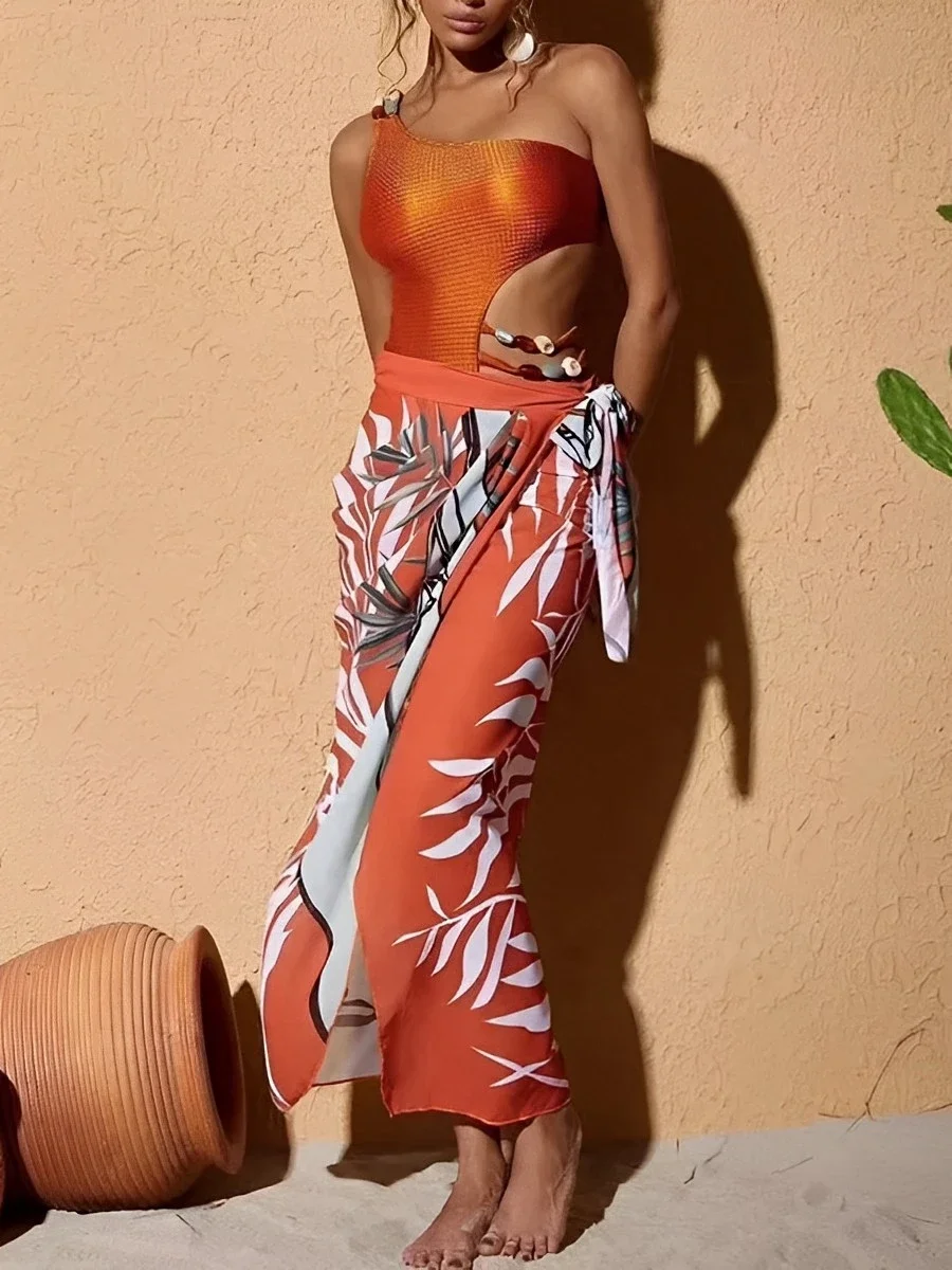 

2024 Hollow Swimsuit One Piece & Long Skirt Padded Sexy Swimwear Women Bathing Suit Female Swimming Summer Beachwear Bodysuit