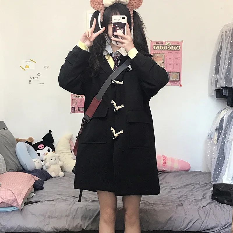 일본식 혼 버튼 코트 학교 유니폼 대학 스타일 쁘띠 JK 유니폼 두꺼운 양모 코트 여성 가을, 겨울