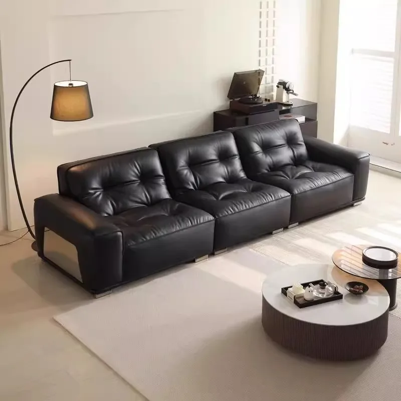 Customized Minimalist Leather Sofa, Antique Black Diamond First Layer Cowhide in The Living Room, Black Sofa Retro Style Advance